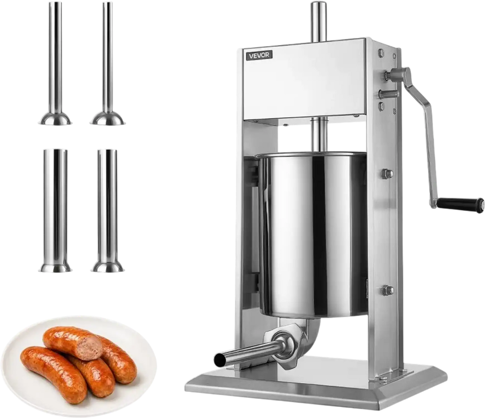VEVOR Manual Sausage Stuffer 22 lbs/ 10L Vertical Meat Maker Stainless Steel, for Home Camping Outdoor Grill BBQ, Dual-Speed Meat Stuffer, Professional Heavy Duty Sausage Filler Kit, 4 Filling Tubes