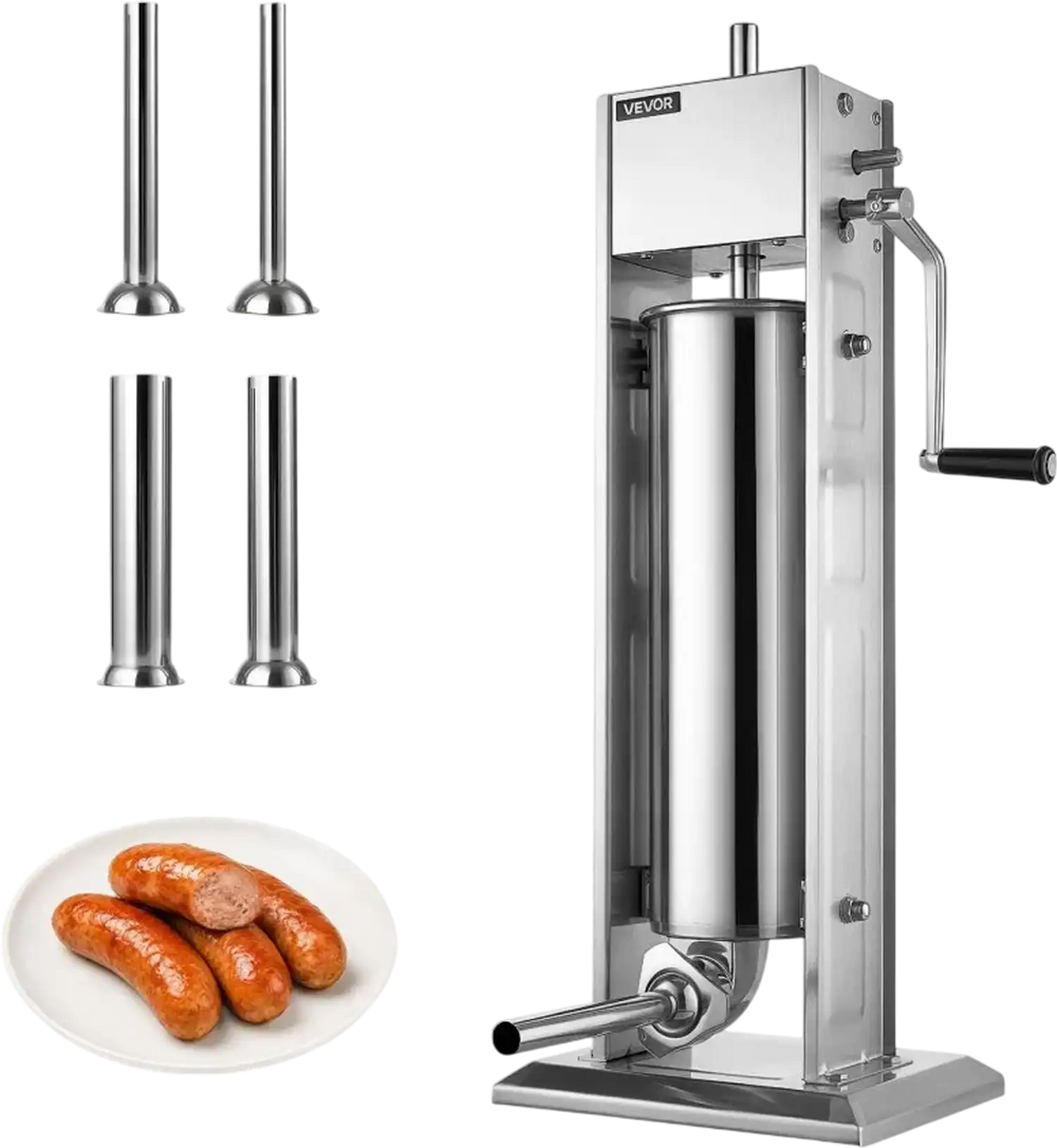 VEVOR Manual Sausage Stuffer 15 lbs/ 7L Vertical Meat Maker Stainless Steel, for Home Camping Outdoor Grill BBQ, Dual-Speed Meat Stuffer, Professional Heavy Duty Sausage Filler Kit, 4 Filling Tubes