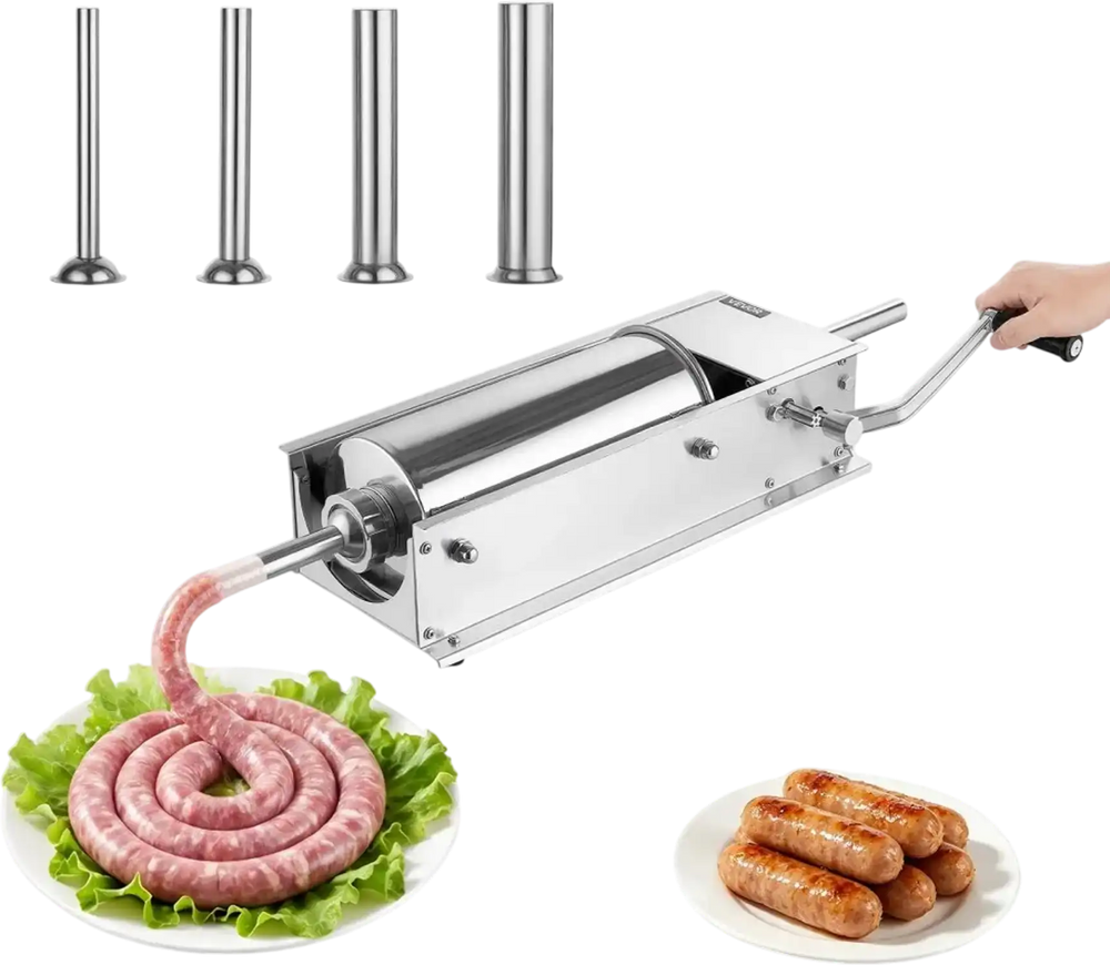 VEVOR Manual Sausage Stuffer 11 lbs/ 5L Horizontal Meat Maker Stainless Steel, for Home Camping Outdoor Grill BBQ, Dual-Speed Meat Stuffer, Professional Heavy Duty Sausage Filler Kit, 4 Filling Tubes
