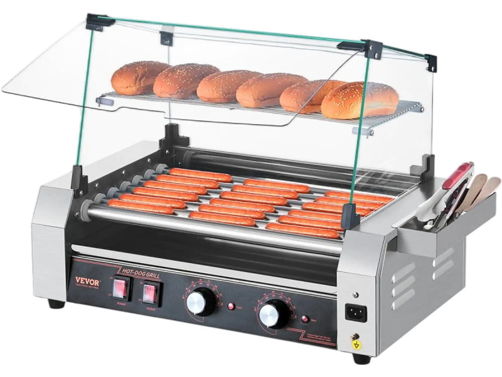 VEVOR Hot Dog Roller, 18 Hot Dog 7 Rollers, Stainless Steel Sausage Grill Cooker, 1050W Commercial Hot Dog Machine with Dual Temp Control, Cover, Side Storage Box, Removable Shelf & Oil Drip Tray