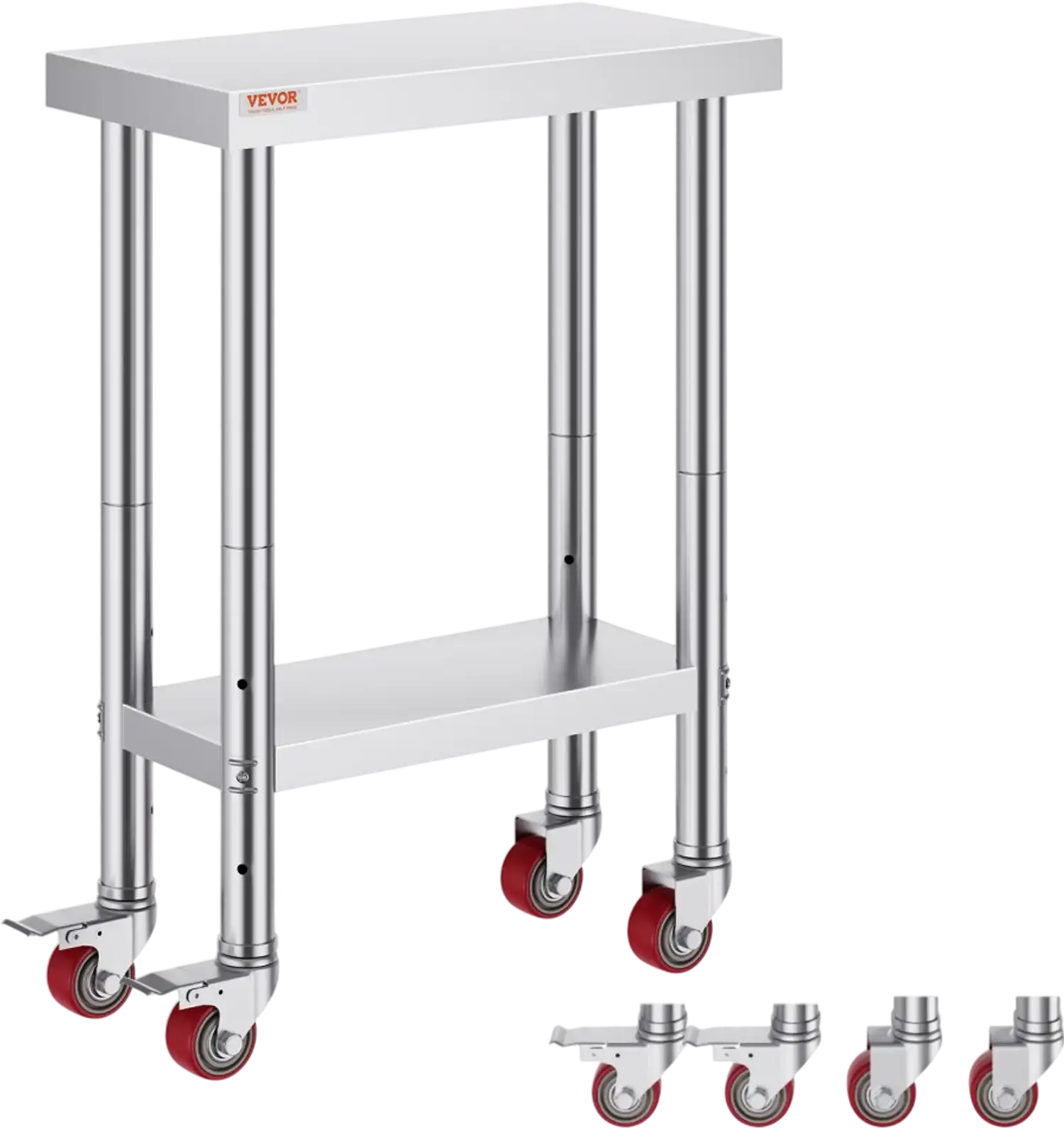 Vevor Work Table Stainless Steel Prep Table with Adjustable Shelf & 4 Wheels 12 x 24 x 34