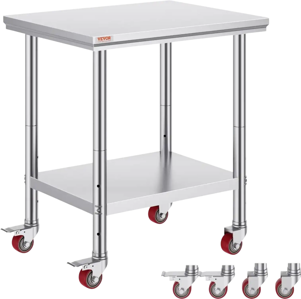 VEVOR Stainless Steel Work Table 30 x 24 x 33 Inch, 700 LBS Load Capacity with 4 Wheels, 3 Adjustable Height Levels, Heavy Duty Food Prep Worktable for Commercial Kitchen Restaurant, Silver