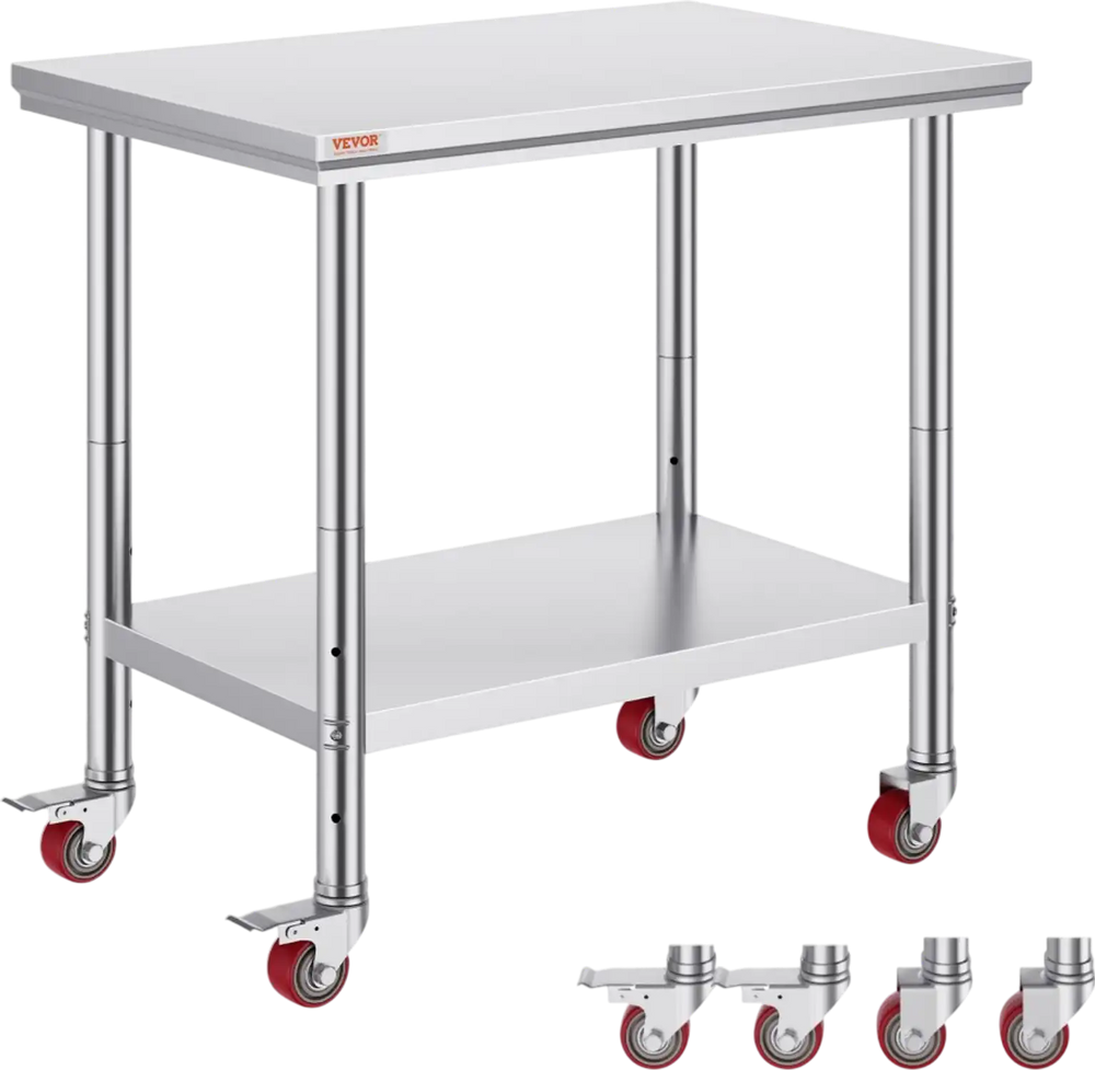 VEVOR Stainless Steel Work Table 35 x 24 x 33 Inch, 700 LBS Load Capacity with 4 Wheels, 3 Adjustable Height Levels, Heavy Duty Food Prep Worktable for Commercial Kitchen Restaurant, Silver