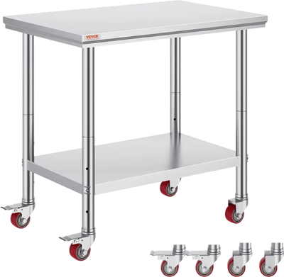 VEVOR Stainless Steel Work Table 35 x 24 x 33 Inch, 700 LBS Load Capacity with 4 Wheels, 3 Adjustable Height Levels, Heavy Duty Food Prep Worktable for Commercial Kitchen Restaurant, Silver