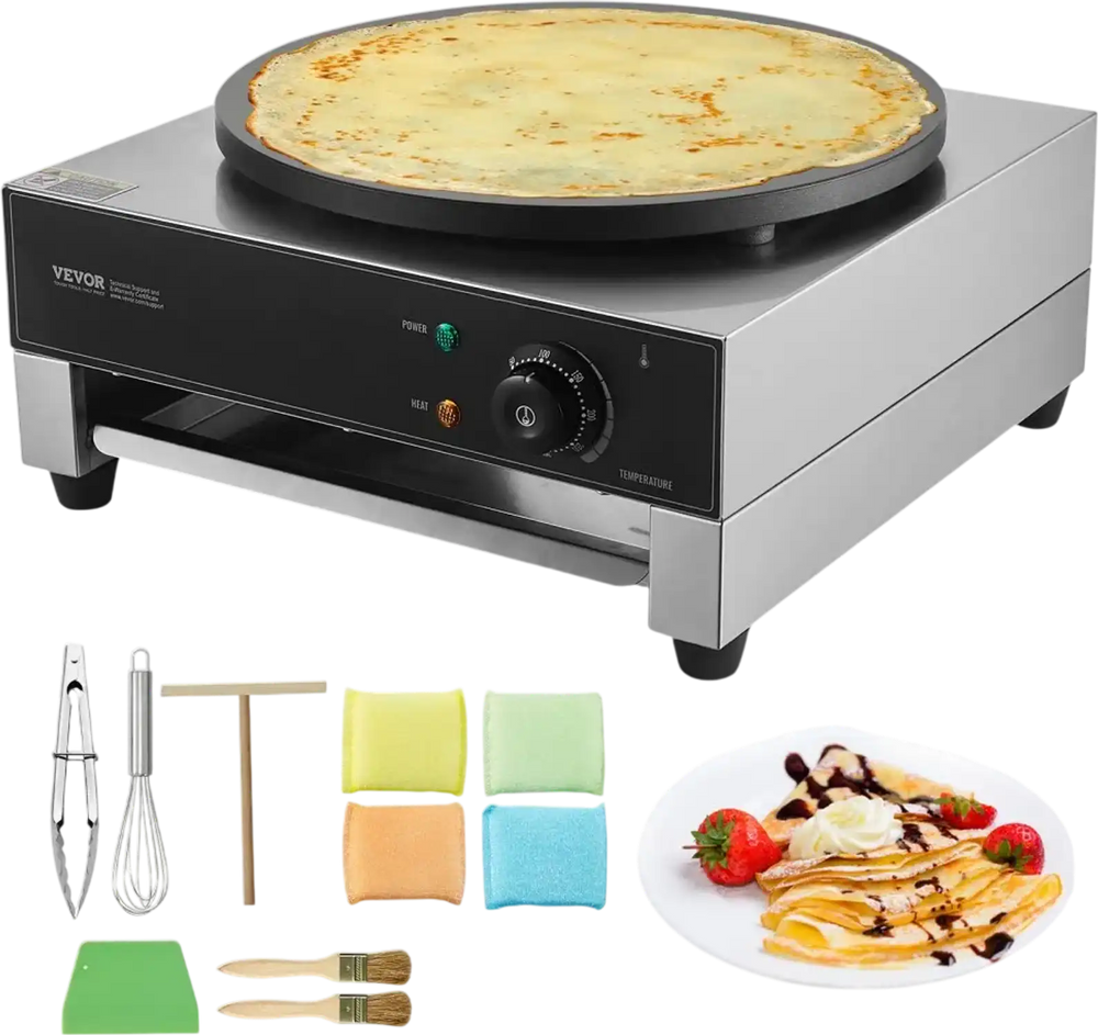 VEVOR Electric Crepe Maker, 16-Inch Commercial Crepe Machine, 1700W Flat Plate Crepe Griddle, Nonstick Stainless Steel Pancake Making Machine, Desktop Circular Cereals Pancake Stove with Temp Control