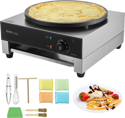 VEVOR Electric Crepe Maker, 16-Inch Commercial Crepe Machine, 1700W Flat Plate Crepe Griddle, Nonstick Stainless Steel Pancake Making Machine, Desktop Circular Cereals Pancake Stove with Temp Control