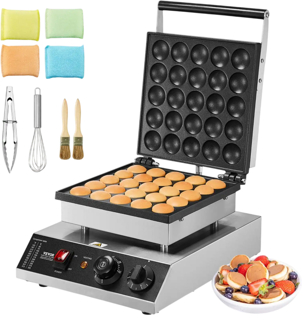 VEVOR Mini Dutch Pancake Maker, 25PCS 43mm Diameter Dorayaki Baker Machine, 1700W Commercial Electric Poffertjes Grill, Non-stick Stainless Steel, Temp & Time Control, for Home Kitchen Restaurant