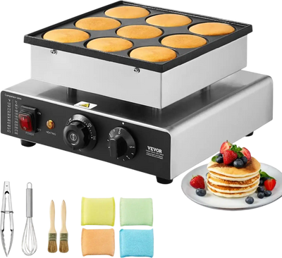 VEVOR Dutch Pancake Maker, 9PCS 76mm Diameter Dorayaki Baker Machine, 850W Commercial Electric Poffertjes Grill, Non-stick Stainless Steel, Temp & Time Control, for Home Kitchen Restaurant Snack Bar