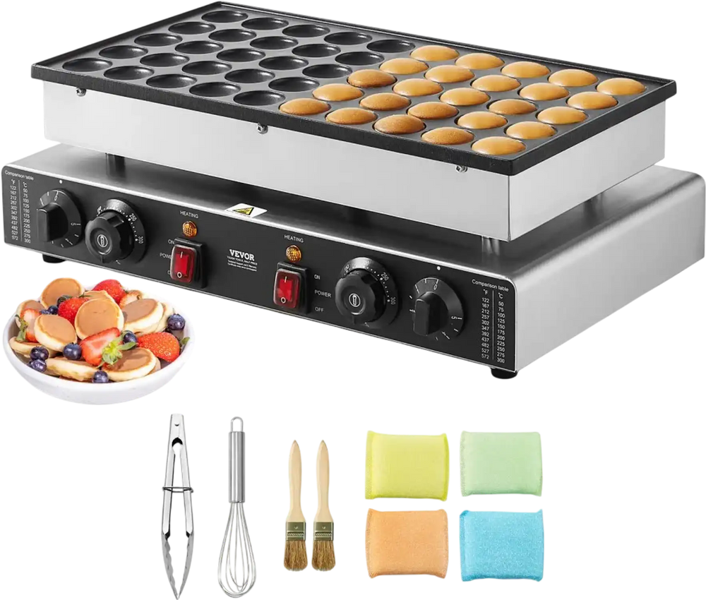 VEVOR Mini Dutch Pancake Maker, 50PCS 43mm Diameter Dorayaki Baker Machine, 1700W Commercial Electric Poffertjes Grill, Non-stick Stainless Steel, Dual Temp & Time Control, for Home Kitchen Restaurant