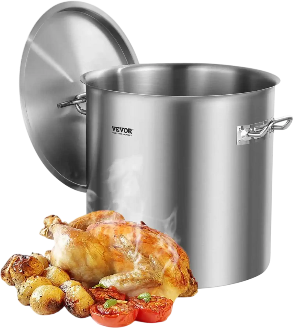 VEVOR Stainless Steel Stockpot, 53 Quart Large Cooking Pots, Cookware Sauce Pot with Lid, and Handle, Heavy Duty Commercial Grade Stock Pot, Sanding Treatment, for Large Groups Events Silver