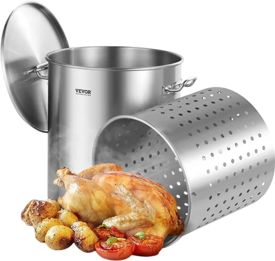 VEVOR Stainless Steel Stockpot, 54L Large Cooking Pots, Cookware Sauce Pot with Basket, Lid, and Handle, Heavy Duty Commercial Grade Stock Pot, Sanding Treatment, for Large Groups Events Silver