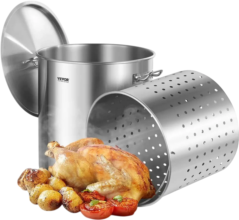 VEVOR Stainless Steel Stockpot, 84 Quart Large Cooking Pots, Cookware Sauce Pot with Basket, Lid, and Handle, Heavy Duty Commercial Grade Stock Pot, Sanding Treatment, for Large Groups Events Silver