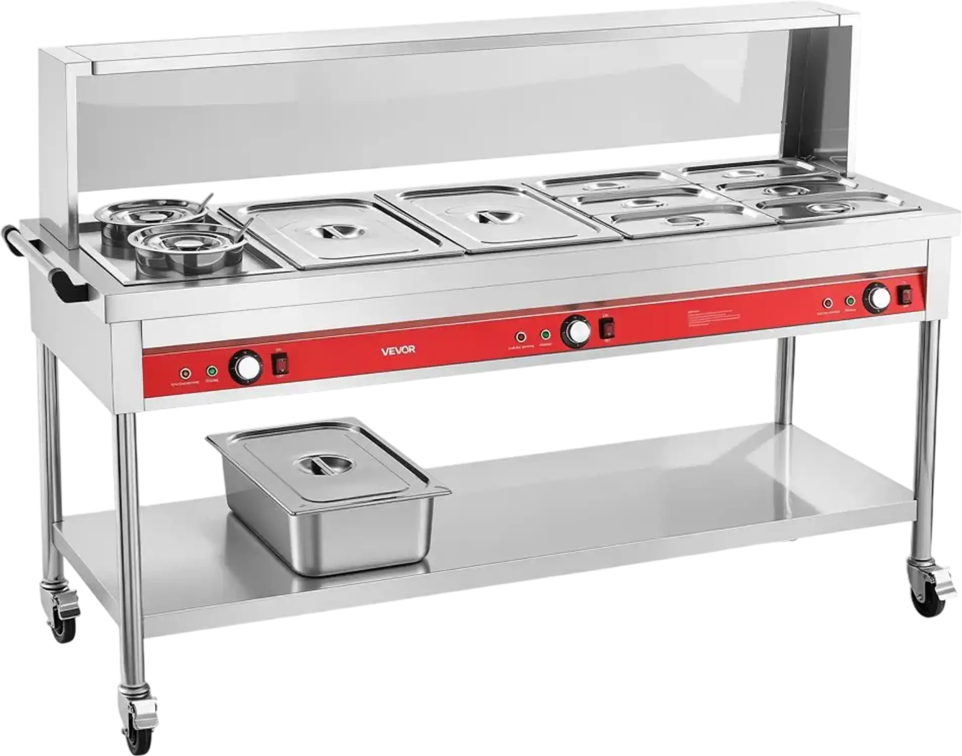 Vevor Food Warmer Commercial 8-Pan + 2-Pot Electric Steam Table 1800W with Acrylic Cover and Undershelf New