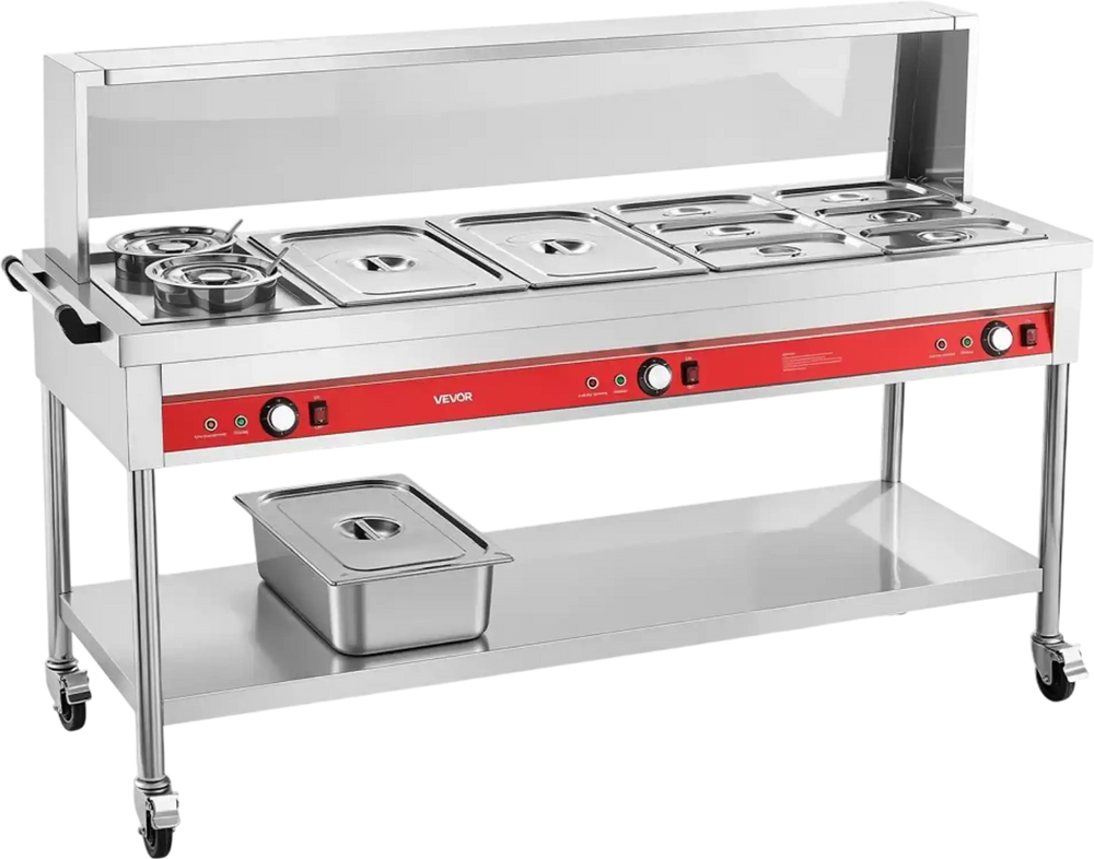 VEVOR Commercial Food Warmer 8 Pans + 2 Pots Electric Steam Table 1800W, for Buffet Restaurant Catering, SUS Server with Additional 1/1 Pan, Independent Temp Control, Acrylic Cover, and Undershelf