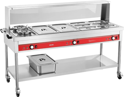 Vevor Food Warmer Commercial 8-Pan + 2-Pot Electric Steam Table 1800W with Acrylic Cover and Undershelf New