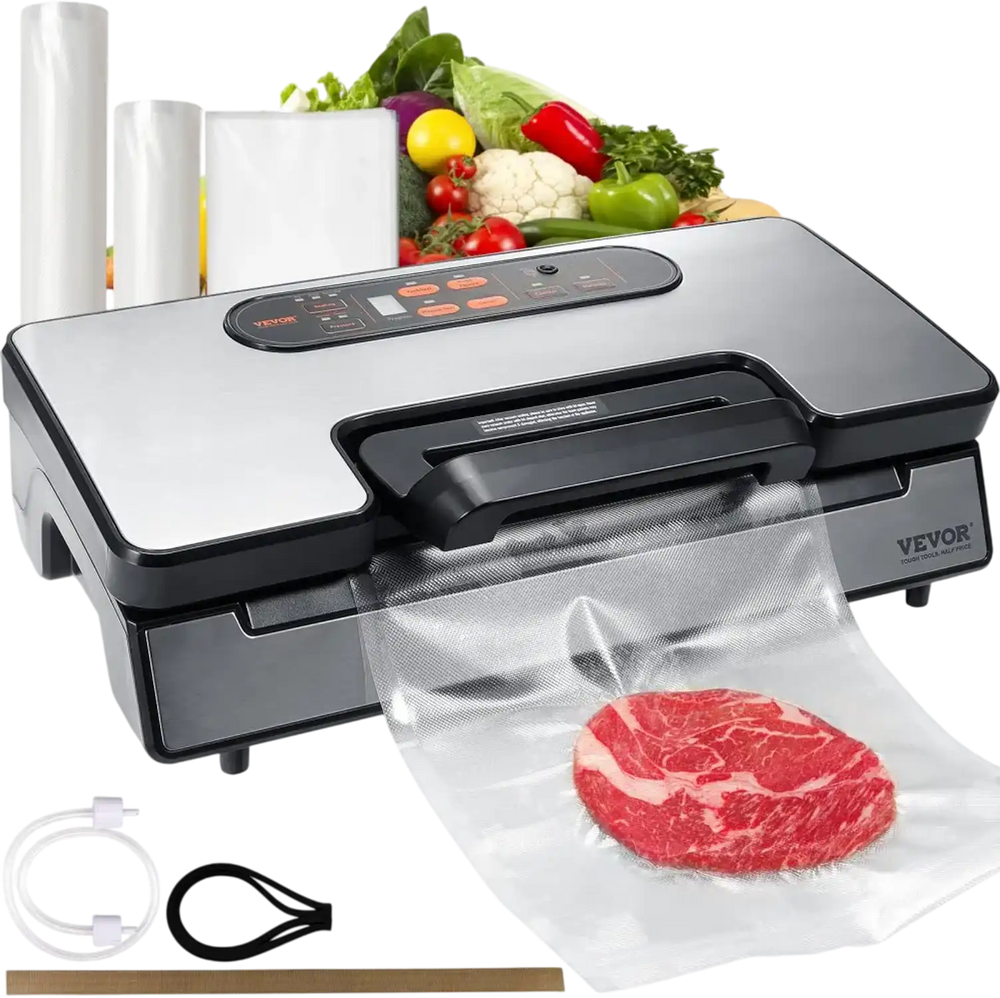 VEVOR Vacuum Sealer Machine, 90Kpa 130W Powerful Dual Pump and Dual Sealing, Dry and Moist Food Storage, Automatic and Manual Air Sealing System with Built-in Cutter, with Seal Bag and External Hose