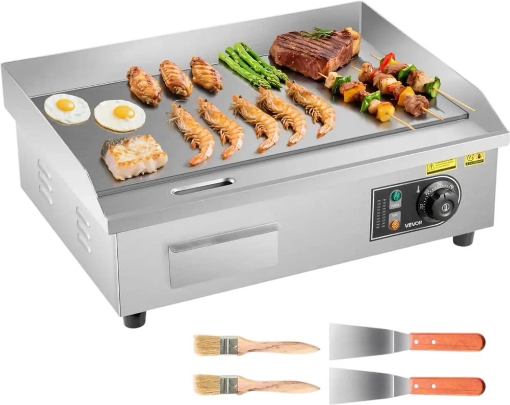 VEVOR Commercial Electric Griddle, 21 x 11.8 inch, 1750W, 122-570°F Adjustable Temp Control, Stainless Steel Countertop Flat Top Grill with 2 Spatulas, 2 Brushes and 4 Foot Pads, for Steak, Pancake