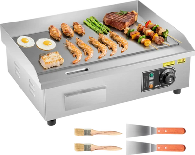VEVOR Commercial Electric Griddle, 21 x 11.8 inch, 1750W, 122-570°F Adjustable Temp Control, Stainless Steel Countertop Flat Top Grill with 2 Spatulas, 2 Brushes and 4 Foot Pads, for Steak, Pancake