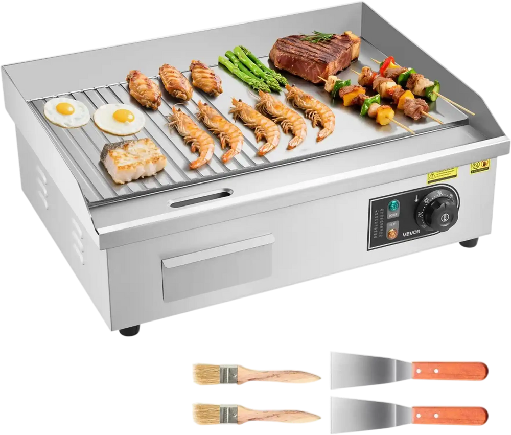 VEVOR Commercial Electric Griddle, 21.06 x 11.81 inch, 1750W, 122-570°F Adjustable Temp Control, Stainless Steel Body, Half Grooved Half Flat, with 2 Spatulas, 2 Brushes, and 4 Foot Pads, for Steak