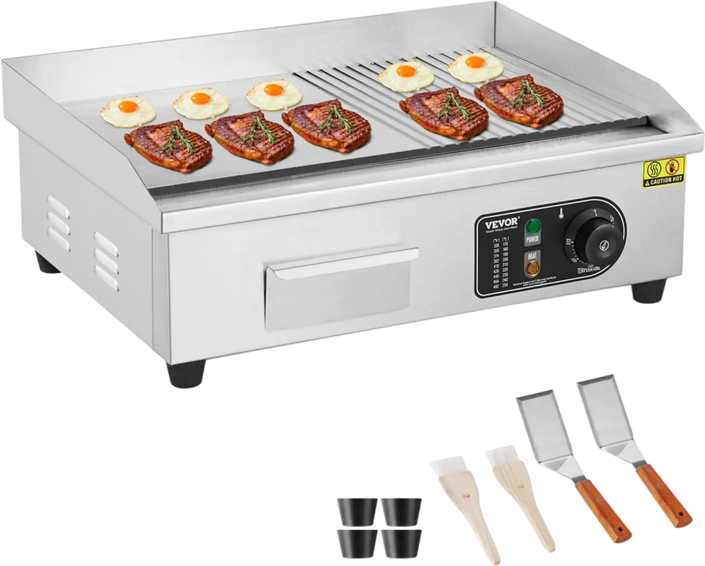 VEVOR Commercial Electric Griddle, 1600W Countertop Half-Flat Top Grill, 122℉-572℉ Adjustable Temp, 21.26x11.81x0.39in Stainless Steel Griddle Grill with 2 Shovels and 2 Brushes for Home or Restaurant