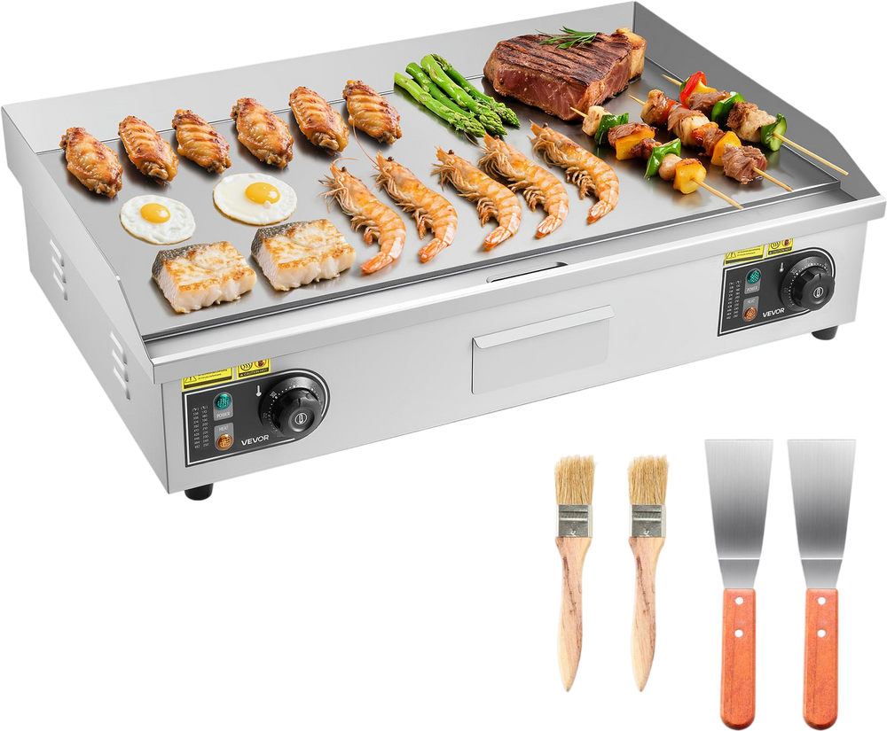 VEVOR Commercial Electric Griddle, 28.54 x 15.75 in, 4400W, 122-570°F Adjustable Temp Control, Stainless Steel Countertop Full Flat Top Grill with 2 Spatulas, 2 Brushes, for Steak, Pancake(NO PLUG)