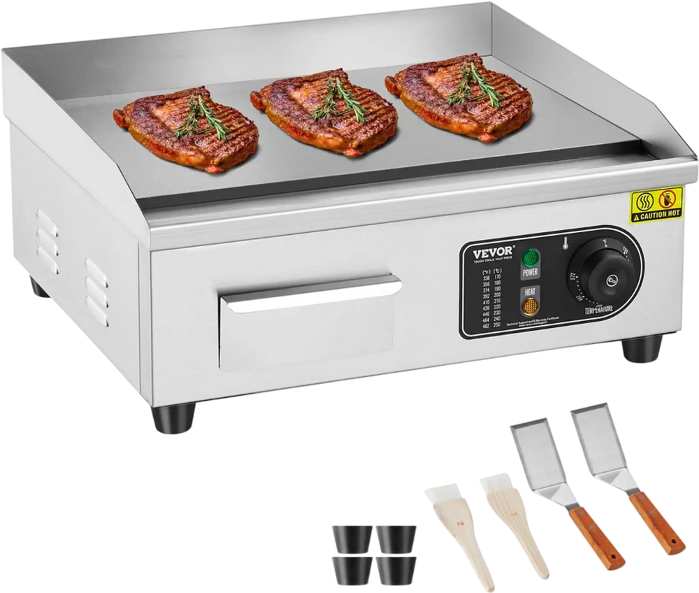 VEVOR Commercial Electric Griddle, 1700W Countertop Flat Top Grill, 122℉-572 ℉ Adjustable Temp, 17.72 x 11.81 x 0.39in Stainless Steel Griddle Grill with 2 Shovels and 2 Brushes for Home or Restaurant