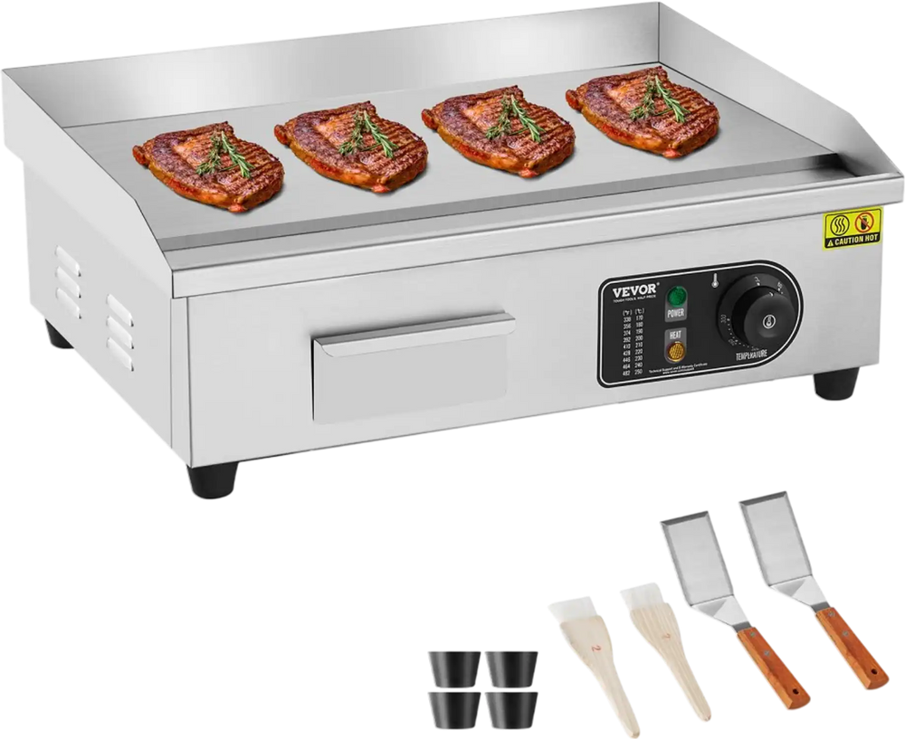 VEVOR Commercial Electric Griddle, 3200W Countertop Flat Top Grill, 122℉-572 ℉ Adjustable Temp, 21.26 x 11.81 x 0.39in Stainless Steel Griddle Grill with 2 Shovels and 2 Brushes for Home or Restaurant