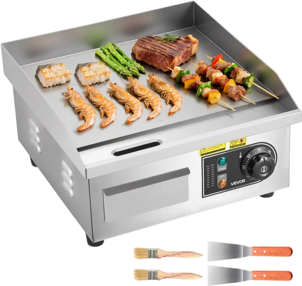 VEVOR Commercial Electric Griddle, 13.98 x 11.81 inch, 1750W, 122-570°F Adjustable Temp Control, Stainless Steel Countertop Flat Top Grill with 2 Spatulas and 2 Brushes, for Steak, Pancake, Squid