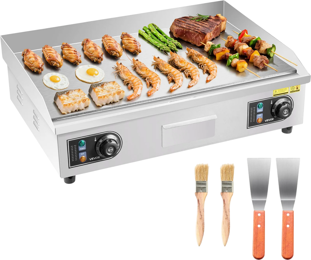VEVOR Commercial Electric Griddle, 25.79 x 15.75 inch, 2800W, 122-570°F Adjustable Temp Control, Stainless Steel Body, Full Flat, with 2 Spatulas, 2 Brushes, and 4 Foot Pads, for Steak, Pancake