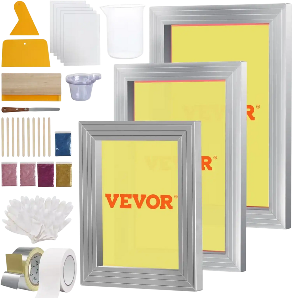 VEVOR Screen Printing Kit, 3 PCS Aluminum Silk Screen Printing Frames, 5 Glitters and Screen Printing Squeegees and Transparency Films, 6x10/8x12/10x14inch 110 Count Mesh,  for DIY T-shirts Printing
