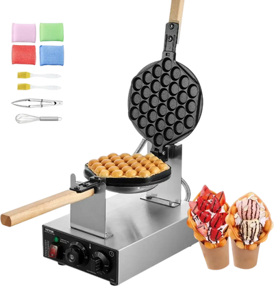 VEVOR Commercial Bubble Waffle Maker, 1400W Egg Pancake Baker Machine, Non-Stick Stainless Steel Egg Bubble Puff, 180° Rotatable, Temp and Time Control, Wooden Handle, for Restaurant Bakery Snack Bar
