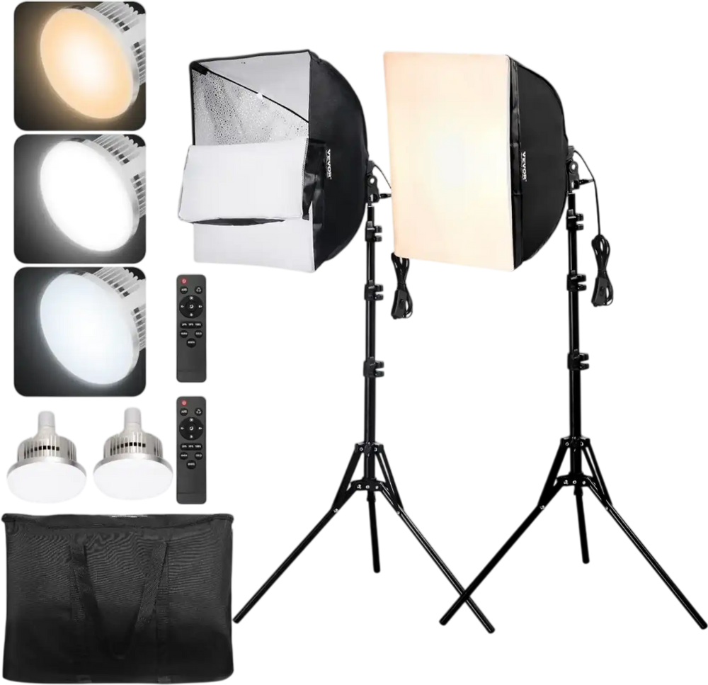VEVOR Softbox Lighting Kit, 16" x 16", Professional Softbox with 45W LED Bulbs, 3000-6500K Adjustable Color Temperature, Tripod Stand, Remote Control, Studio Lights for Portrait shooting, Live Streaming