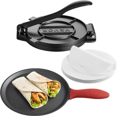 VEVOR Tortilla Press, 10 Inch Cast Iron Tortilla and Roti Maker, Heavy Duty Tortilladora Press, Pataconera Makers with Handle and 100 Pcs Parchment Paper, Dough Taco Press for Flour Tortilla, Tawa