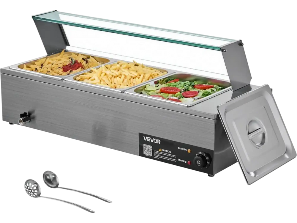 VEVOR Commercial Food Warmer, 1500W Electric Stainless Steel Steam Food Warmer with Glass Cover, 3-Pan Countertop Buffet Bain Marie with Soup & Perforated Ladles, for Catering, Restaurant & Party