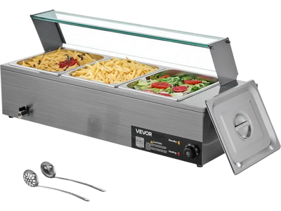 VEVOR Commercial Food Warmer, 1500W Electric Stainless Steel Steam Food Warmer with Glass Cover, 3-Pan Countertop Buffet Bain Marie with Soup & Perforated Ladles, for Catering, Restaurant & Party