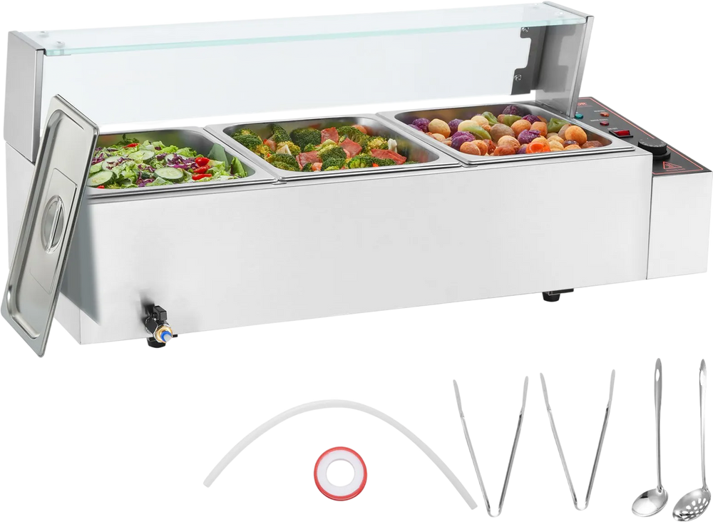 VEVOR 3-Pan Commercial Food Warmer, 3 x 8QT Electric Steam Table with Glass Cover, 1500W Countertop Stainless Steel Buffet Bain Marie 86-185°F Temp Control for Catering, Restaurants, Silver