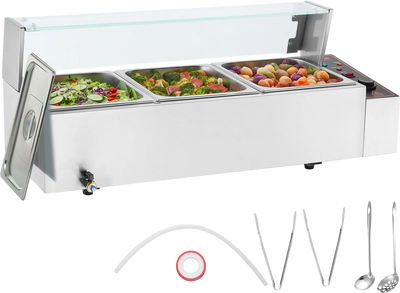 Vevor Commercial Food Warmer with Glass Cover 3 x 8 QT Pan Stainless Steel 1500W New