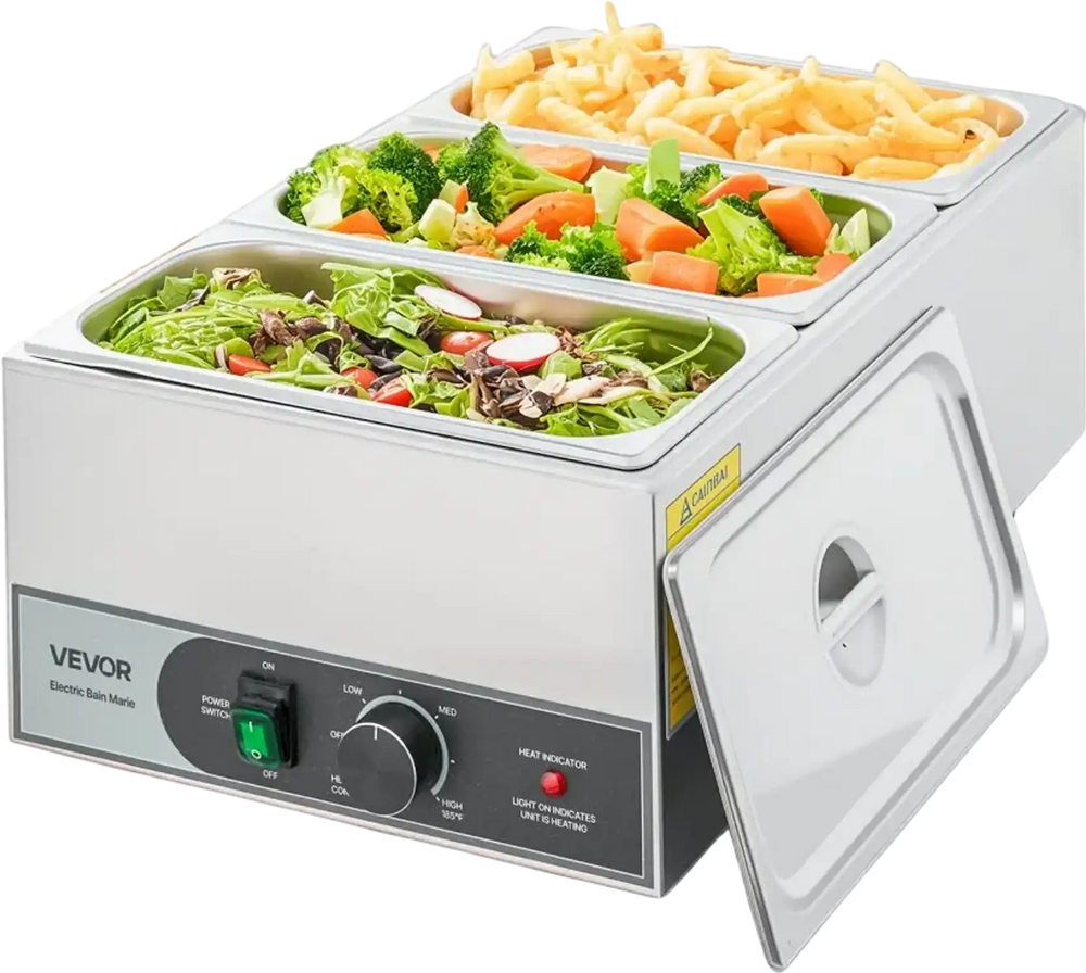 VEVOR Commercial Food Warmer, 1200W Electric Stainless Steel Steam Food Warmer, Fast Heating Countertop Buffet Bain Marie with Three 1/3 Size Food Pans, for Catering, Restaurants, Parties & Buffets