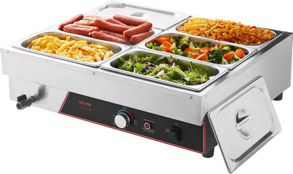VEVOR Commercial Food Warmer, 1500W Electric Stainless Steel Steam Food Warming with Lid, 6-Pan Fast Heating Countertop Buffet Bain Marie with Power Cord, for Catering, Restaurant, Party & Buffets