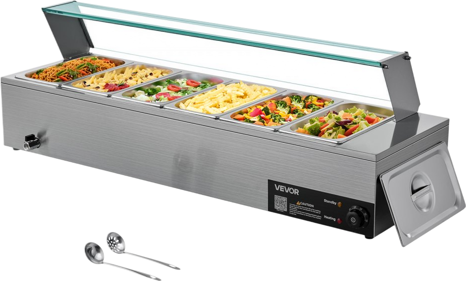 Vevor Commercial Food Warmer with Glass Cover 6 1/3-Pans Stainless Steel 1500W New
