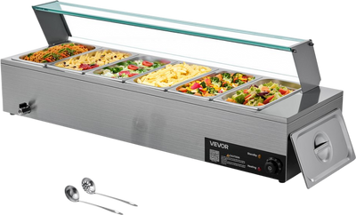 Vevor Commercial Food Warmer with Glass Cover 6 1/3-Pans Stainless Steel 1500W New