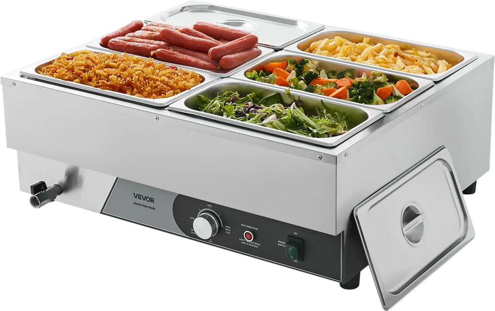 VEVOR Commercial Food Warmer, 1500W Electric Stainless Steel Steam Food Warming with Lid, Fast Heating Countertop Buffet Bain Marie with Six 1/3 Size Food Pans, for Catering, Restaurant and Party