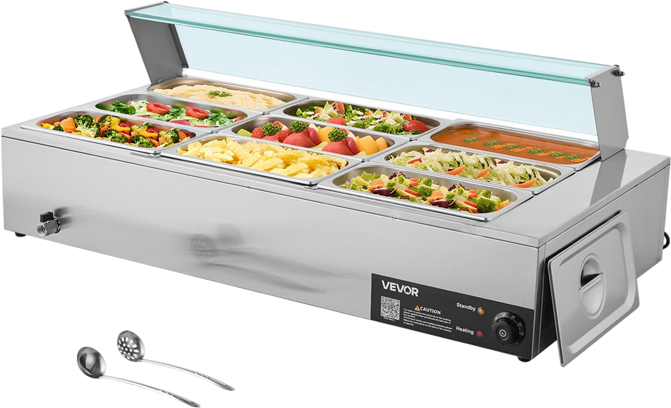 Vevor Commercial Food Warmer with Glass Cover 9 Pan Stainless Steel 1500W New
