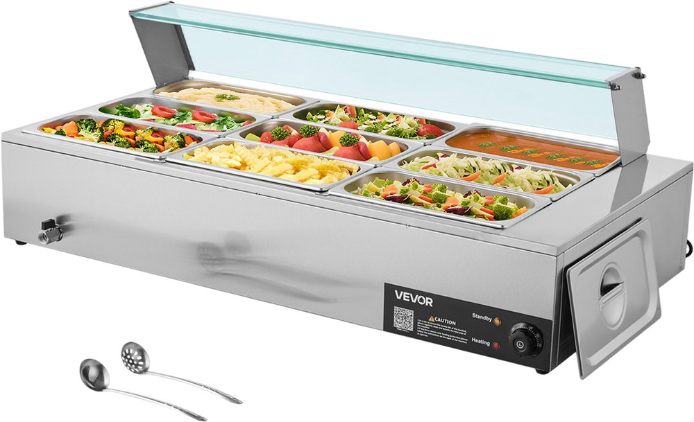 VEVOR Commercial Food Warmer, 1500W Electric Stainless Steel Steam Food Warmer with Glass Cover, 9-Pan Countertop Buffet Bain Marie with Soup & Perforated Ladles, for Catering, Restaurant & Party