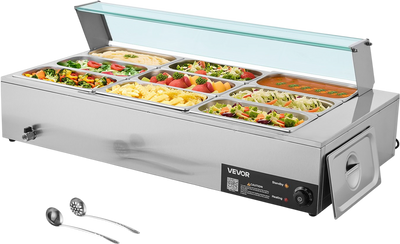 Vevor Commercial Food Warmer with Glass Cover 9 Pan Stainless Steel 1500W New
