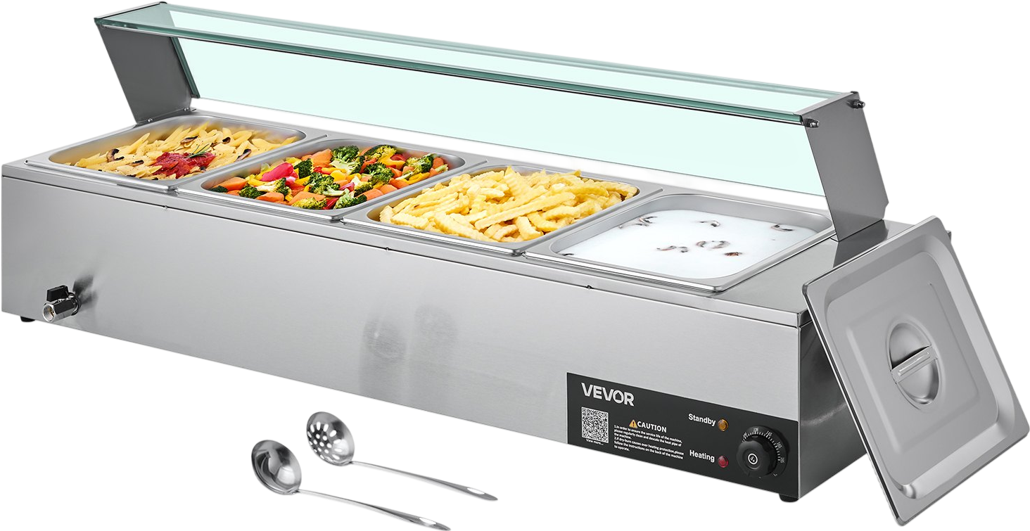 Vevor Commercial Food Warmer with Glass Cover 4 x 1/2-Size Pans Stainless Steel 1500W New