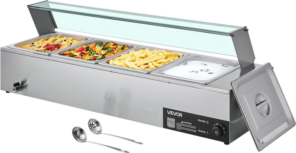 VEVOR Commercial Food Warmer, 1500W Electric Stainless Steel Steam Food Warmer with Glass Cover, 4-Pan Countertop Buffet Bain Marie with Soup & Perforated Ladles, for Catering, Restaurant & Party