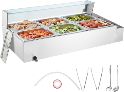 Vevor Commercial Food Warmer with Glass Cover 6 8 QT Pans Stainless Steel 1500W New