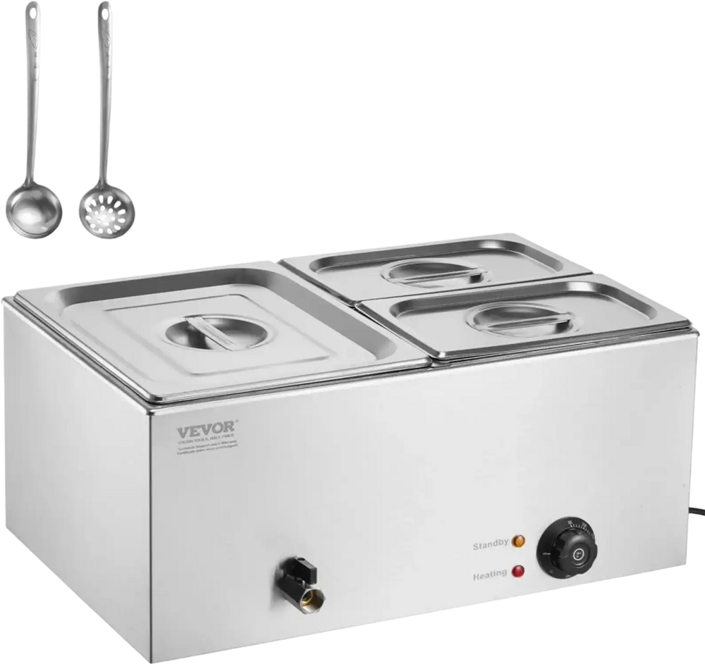 VEVOR 24QT Commercial Food Warmer, 3-Pan Electric Steam Table, 1200W Professional Countertop Stainless Steel Buffet Bain Marie with 86-185°F Temp Control for Catering, Buffet, Parties, Restaurants