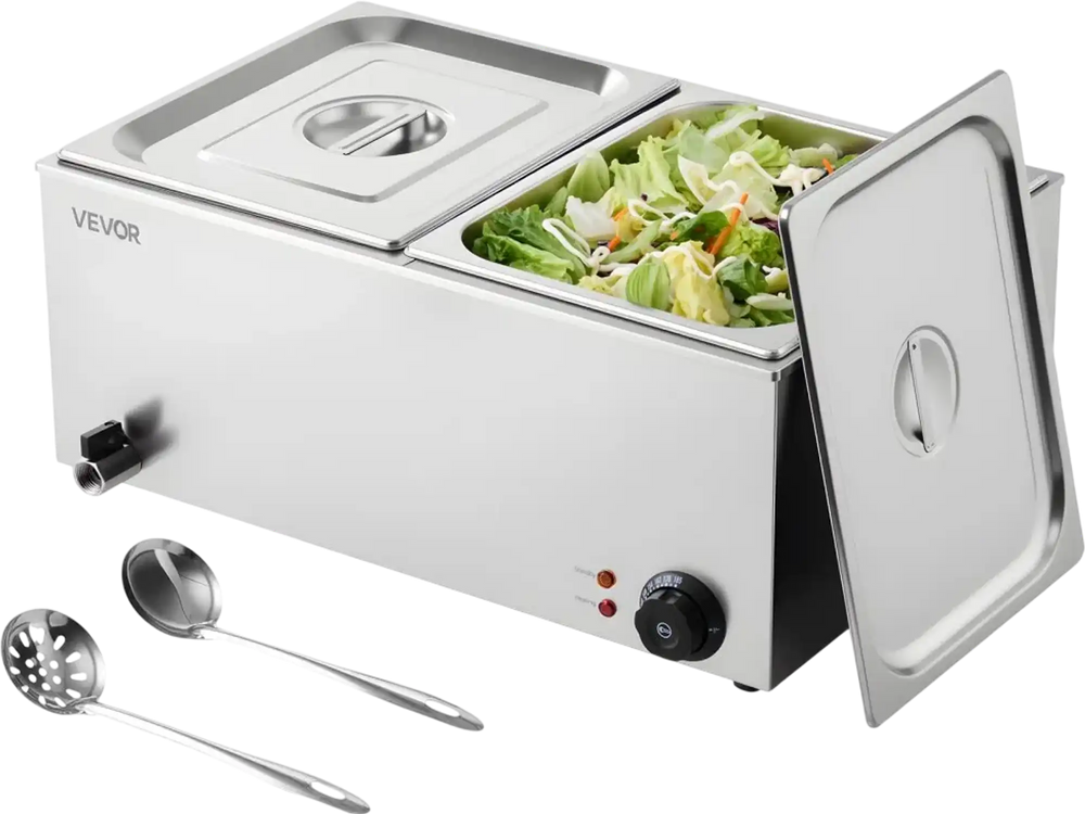 VEVOR 24QT Commercial Food Warmer, 2-Pan Electric Steam Table, 1200W Professional Countertop Stainless Steel Buffet Bain Marie with 86-185°F Temp Control for Catering, Buffet, Parties, Restaurants
